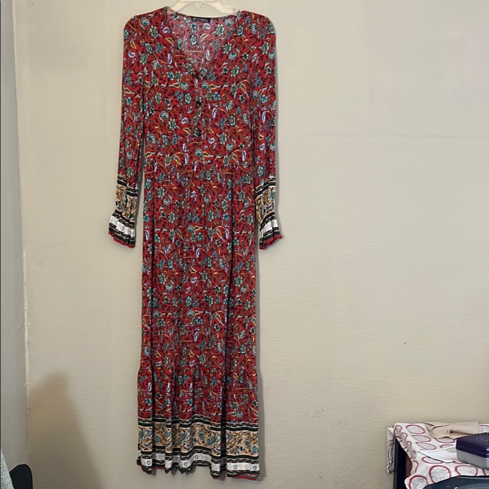 Red V-Neck Long Sleeve Sundress